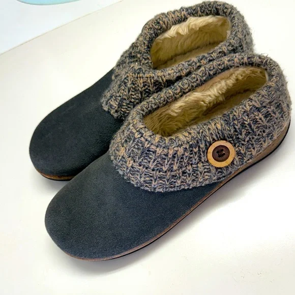Clarks 9M Knitted Collar Clogs Suede Fur-Lined Hard-Bottom Slippers Gray EUC - Picture 1 of 9